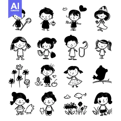 Aset premium populer: A Collection of Cute Hand-Drawn Black and White Illustrations of Child
