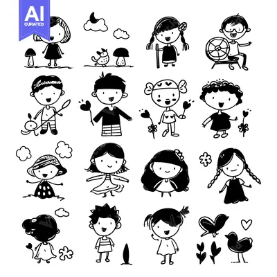 Aset premium populer: Hand-drawn Illustration of Children and Birds in a Playful Setting