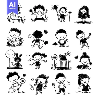 Premium design asset: A Collection of Simple Doodle Illustrations Depicting Happy Children E