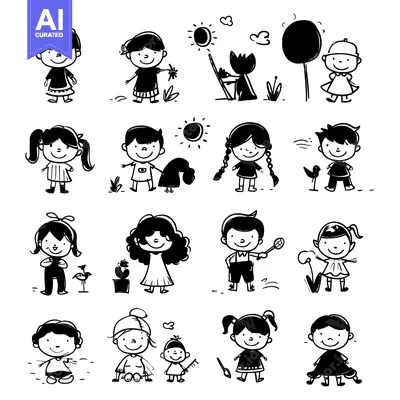 Premium design asset: Collection of Simple Hand-Drawn Illustrations of Children with Various