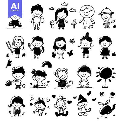 Premium design asset: Hand-Drawn Cartoon Illustration of Children and Nature Elements