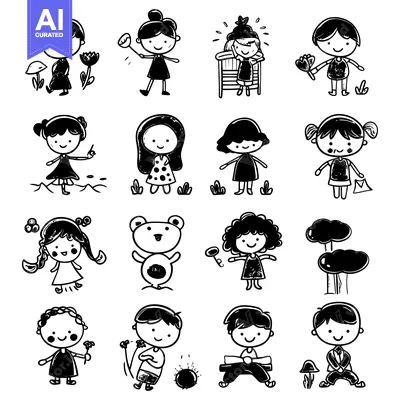 Aset premium populer: A Collection of Hand-Drawn Cartoon Children in Various Activities