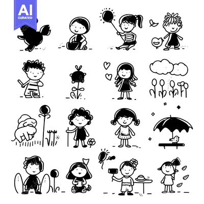 Aset desain premium: Hand-Drawn Illustrations of Children Engaging in Various Activities