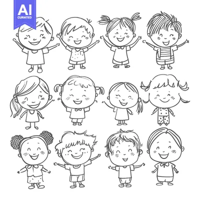 Ten Cheerful Children Illustrated in a Hand-Drawn Style