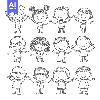 Aset premium populer: A group of cartoon children drawn in black and white with simple lines