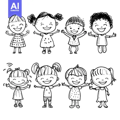 Premium design asset: Eight Smiling Cartoon Children with Arms Outstretched