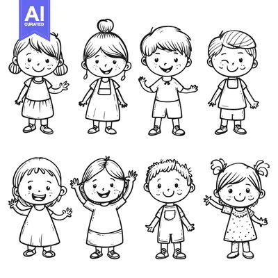 Aset desain premium: A Group of Six Happy Cartoon Children in Line Art Style