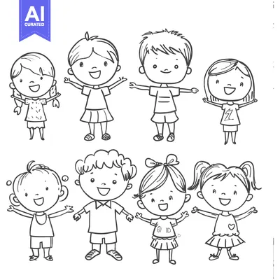 Aset premium populer: Seven Cartoon Children with Arms Outstretched