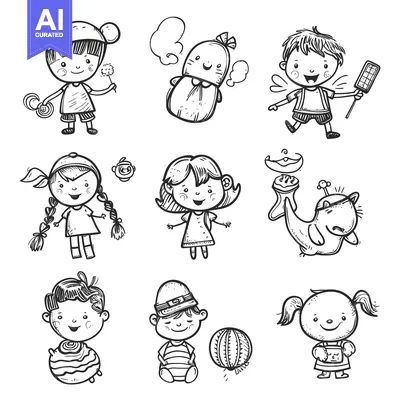Hand-Drawn Illustrations of Adorable Children with Playful Accessories