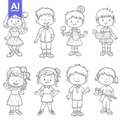 Aset desain premium: A Group of Eight Smiling Children Illustrated in Black and White
