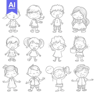 Aset premium populer: A Set of 12 Adorable Cartoon Children Drawn in Sketch Style