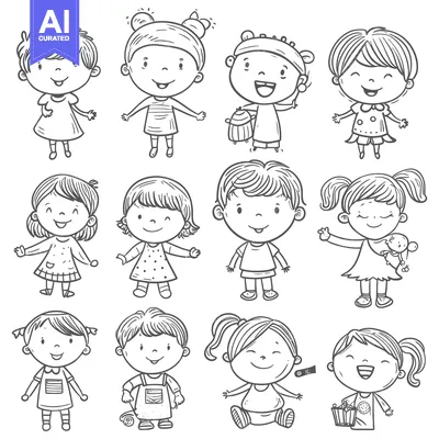 Collection of Cute Cartoon Children with Different Expressions and Pos