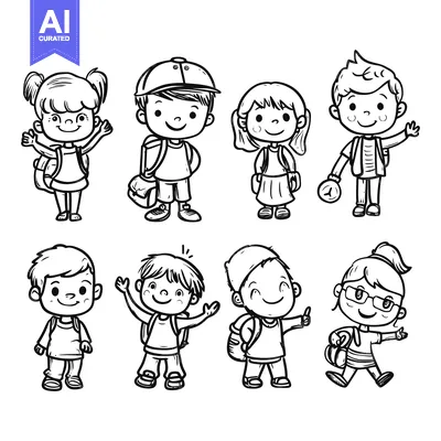 Aset desain premium: Cartoon Illustration of Seven Children with Backpacks