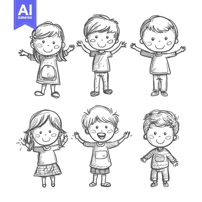 Popular premium asset: Hand-drawn Sketches of Six Smiling Children with Arms Outstretched