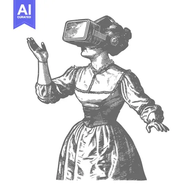 Aset desain premium: A woman in a vintage dress wearing a virtual reality headset