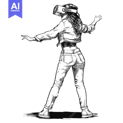 A Woman Wearing a VR Headset and Jeans, Reaching Out With Her Right Ha
