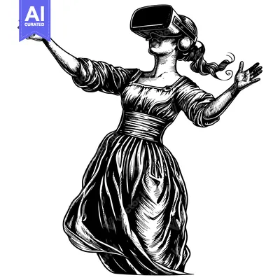 Aset desain premium: A woman in a long dress wearing a VR headset, with her arms outstretch