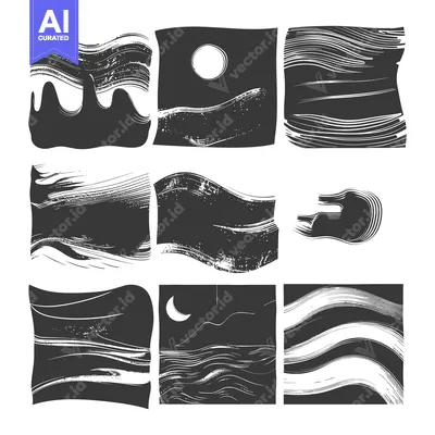 Aset desain premium: Nine Abstract Black and White Wavy Illustrations with Celestial Elemen
