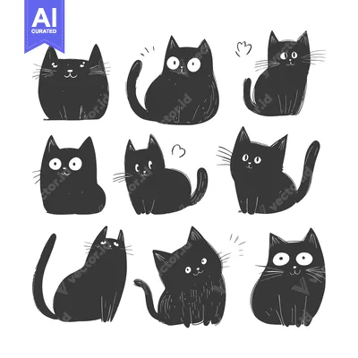 Aset premium populer: Nine Adorable Hand-Drawn Black Cat Silhouettes in Various Poses