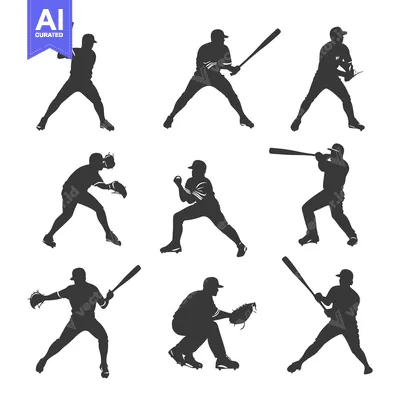 Nine Baseball Player Silhouettes in Various Poses