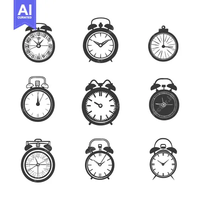 Nine Black and White Alarm Clock Icons