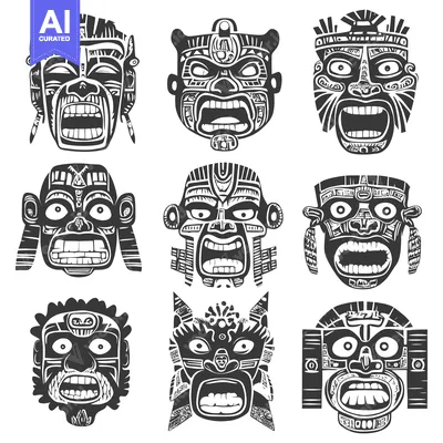 Aset desain premium: Nine Black and White Aztec Masks with Geometric Patterns
