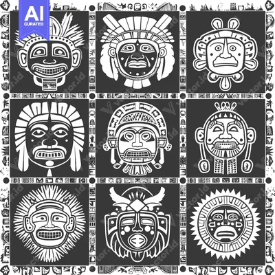 Nine Black and White Aztec Masks with Ornamental Borders