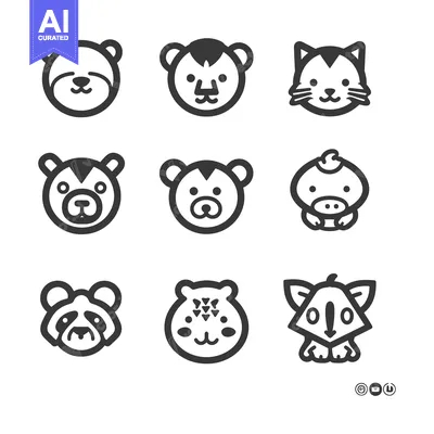 Aset premium populer: Nine Black and White Cartoon Animal Faces