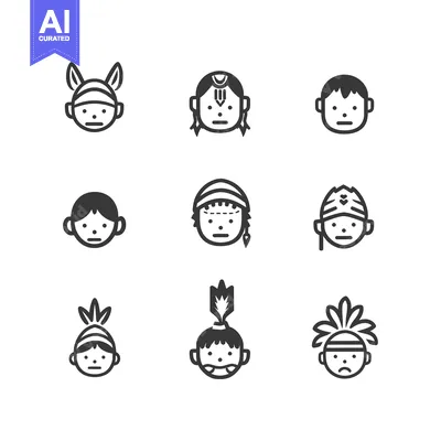 Aset premium populer: Nine Black and White Cartoon Faces with Unique Headwear