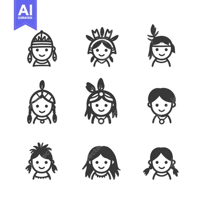 Aset desain premium: Nine Black and White Cartoon Native American Child Faces