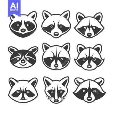 Aset premium populer: Nine Black and White Cartoon Raccoon Faces