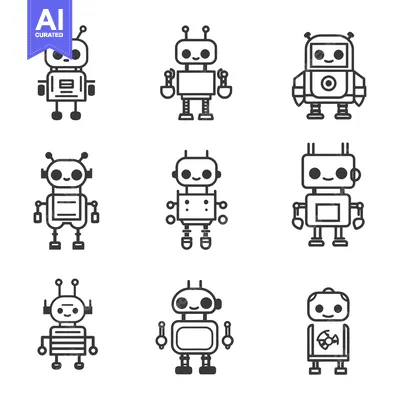 Aset desain premium: Nine Black and White Cartoon Robots with Different Designs
