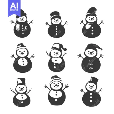 Aset premium populer: Nine Black and White Cartoon Snowmen with Various Hats and Accessories