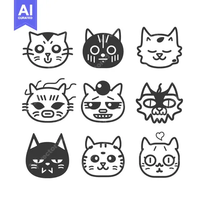 Aset premium populer: Nine Black and White Cat Faces with Different Expressions