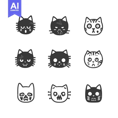 Aset desain premium: Nine Black and White Cat Faces with Different Expressions