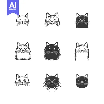 Aset desain premium: Nine Black and White Cat Faces with Various Expressions