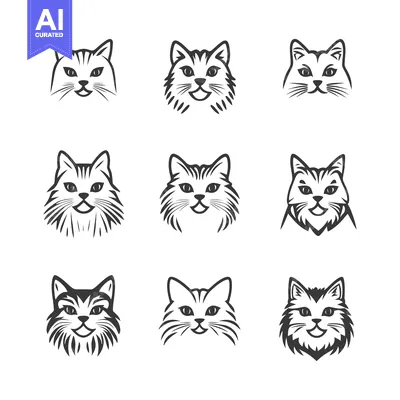 Aset desain premium: Nine Black and White Cat Heads with Different Expressions