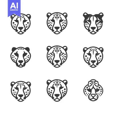 Premium design asset: Nine Black and White Cheetah Head Illustrations