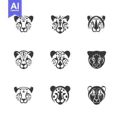 Aset desain premium: Nine Black and White Cheetah Head Illustrations