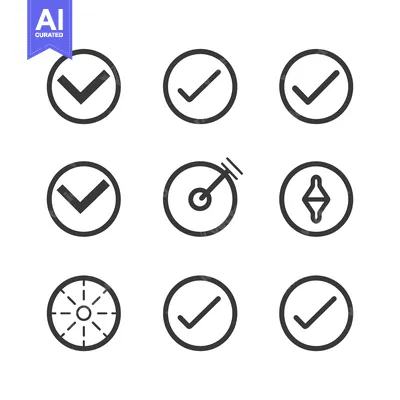 Nine Black and White Circular Icons with Checkmarks and Other Symbols