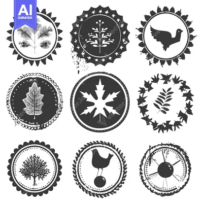Popular premium asset: Nine Black and White Circular Stamps with Nature-Themed Designs