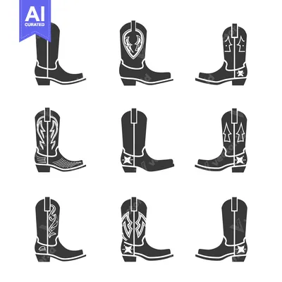 Aset premium populer: Nine Black and White Cowboy Boots with Different Designs