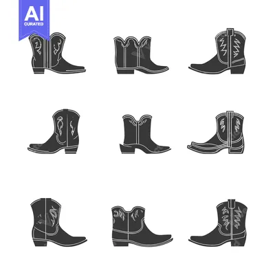 Aset desain premium: Nine Black and White Cowboy Boots with Embroidered Designs