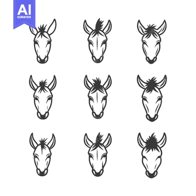Aset desain premium: Nine Black and White Donkey Head Illustrations