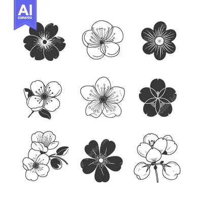 Aset desain premium: Nine Black and White Flower Illustrations