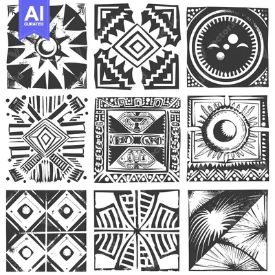 Nine Black and White Geometric Patterns with Distressed Textures