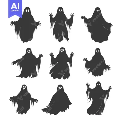 Nine Black and White Ghost Silhouettes in Various Poses
