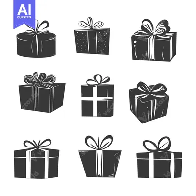 Aset desain premium: Nine Black and White Gift Boxes with Ribbon Bows