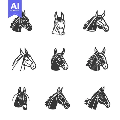 Aset desain premium: Nine Black and White Horse Head Illustrations