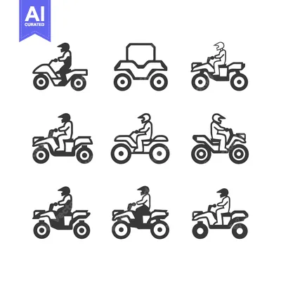 Aset premium populer: Nine Black and White Icons Depicting People Riding ATVs and an ATV